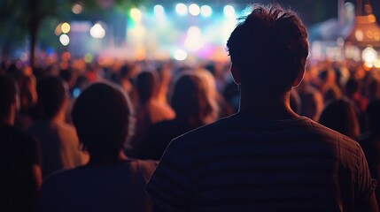Large Crowd Attends Outdoor Event with Colorful Lights Illuminating the Stage. Evening Entertainment at Concert or Festival.