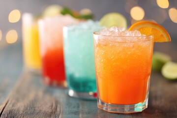 elegant arrangement of colorful cocktails on rustic wooden bar top showcasing array of vibrant tropical drinks with