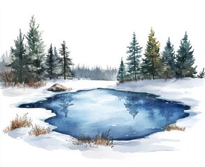 Winter frozen pond reflection amidst snowy trees in nature landscape artistic viewpoint isolate on white background