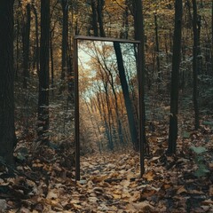 Fototapeta premium Autumnal forest mirror reflecting woodland path