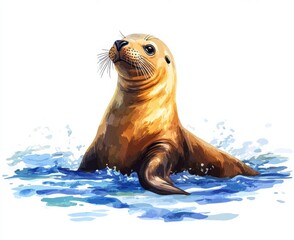 Fototapeta premium Playful sea lion swimming in clear waters marine habitat wildlife illustration natural close-up view isolate on white background