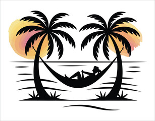 Palm Trees and Hammock &ndash; Black and White Silhouette Design