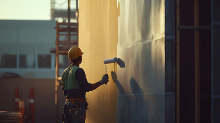 Fototapeta premium A construction worker applying paint to a wall at a construction site. Featuring attention to detail and creativity