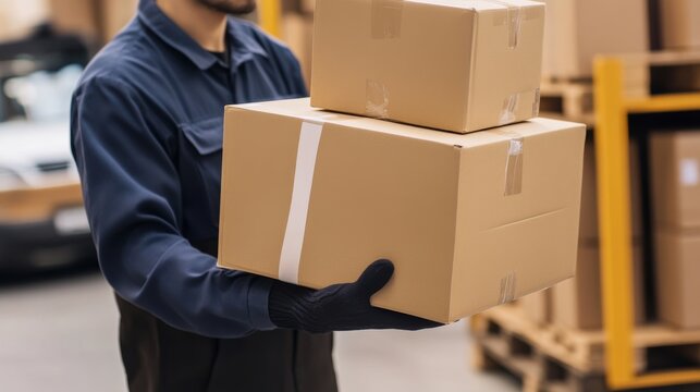 A delivery driver unloading packages at a distribution center. Featuring efficiency and organization