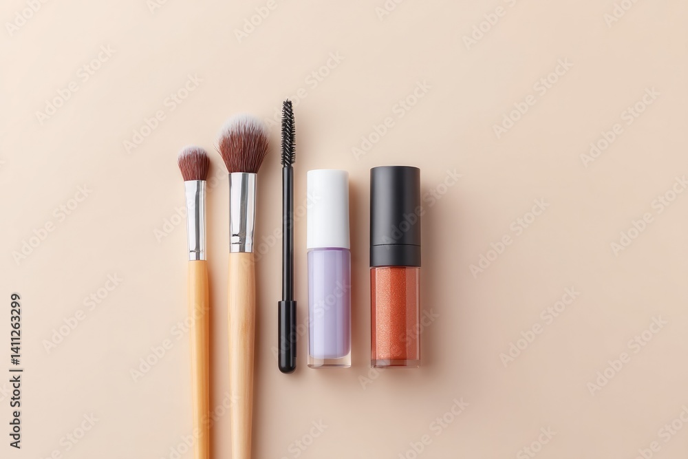 Poster minimalistic everyday makeup essentials arranged neatly with ample copy space clean image shows brus