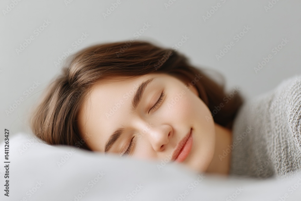 Poster minimalistic image of sleeping person with serene expression surrounded by soft neutral tones