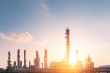 Fototapeta premium minimalistic image of oil refinery at dawn towering structures casting long shadows machinery juxtaposed against pastel-colored