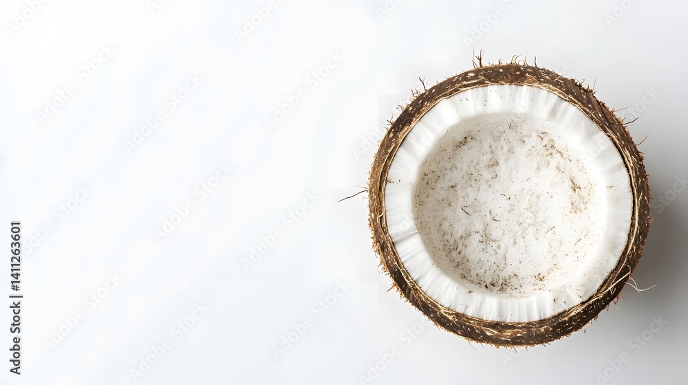 Poster half of a coconut shell rests on a white background. the inside of the coconut is visible, showing i