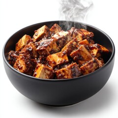 Mapo tofu dish in bowl, steaming on white background