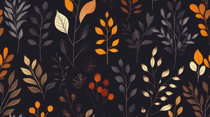 Autumnal foliage pattern.  Dark background with various shades of autumnal leaves and branches