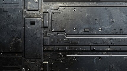 Abstract black industrial panel with intricate patterns and textures, showcasing a modern technological design.