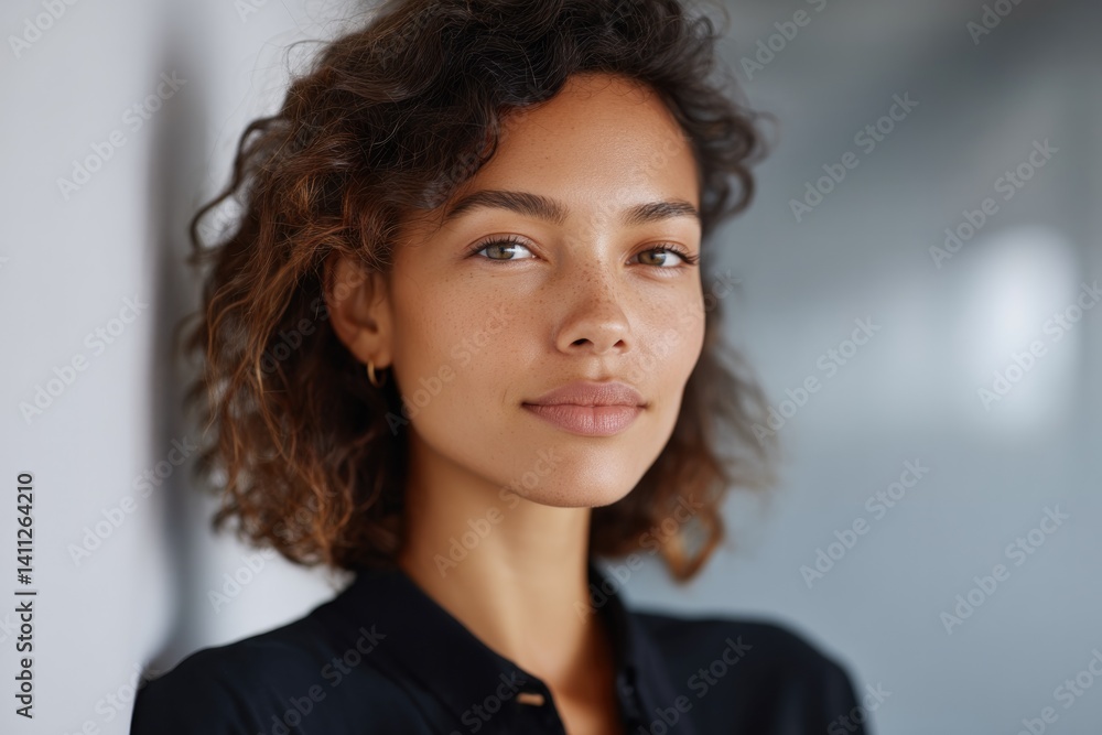Poster portrait of professional in office setting blurred background minimalistic composition with ample co