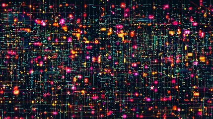 Vibrant abstract digital landscape showcasing a network of glowing lines and colorful nodes in a cyber-themed composition.
