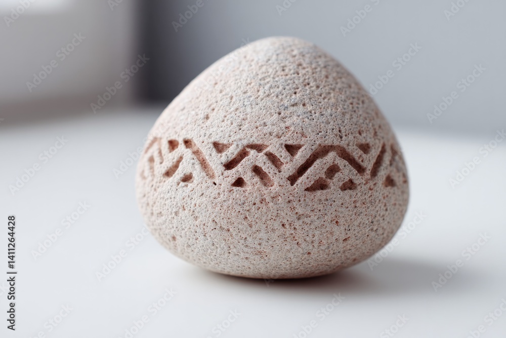 Poster single smooth decorative stone with intricate patterns placed on white background providing ample co