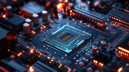 Fototapeta premium A close-up view of a circuit board with glowing components, showcasing intricate electronic details and vibrant colors.