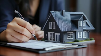 Fototapeta premium Person signs document near a miniature house model on a wooden surface.