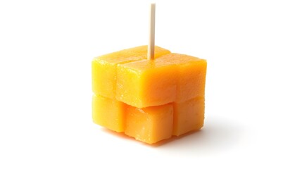 A vibrant, cube-shaped mango dessert impaled on a wooden skewer. The glossy, orange cubes gleam against a bright white background, perfect for summer recipes or refreshing treats.