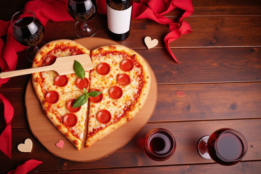 heart shaped pizza sitting on top of a wooden table