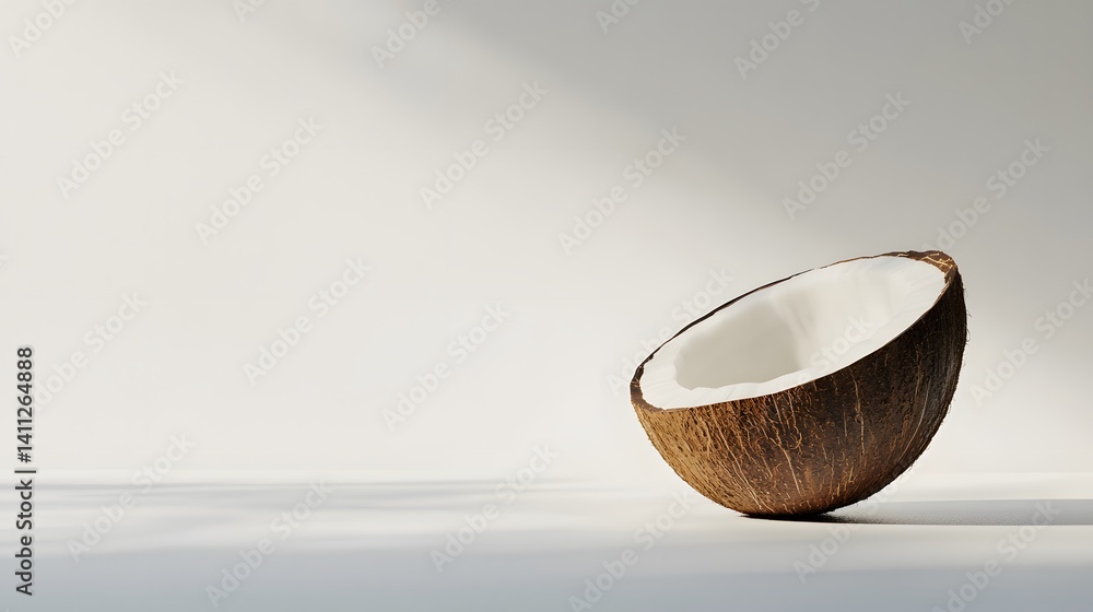 Poster half of a coconut shell rests on a minimalist white background. soft light creates subtle shadows. a