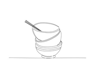 Stack of bowls in single line draw illustration. Continuous one line drawing of piles of bowls. Editable stroke.