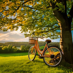Fototapeta premium Serene Sunset Orange Bicycle Parked Underneath Lush Green Tree