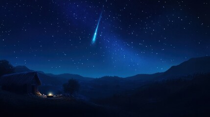 Night sky with shooting star over a small hut in the mountains.
