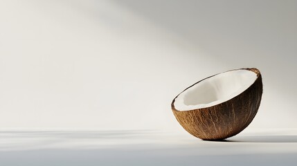 Fototapeta premium Half of a coconut shell rests on a minimalist white background. Soft light creates subtle shadows. A clean, simple image perfect for product displays or tropical themes.