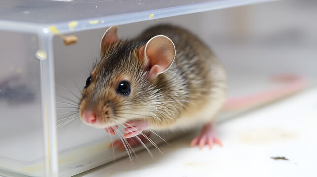 The mouse got caught in a super glue trap. A little mouse is caught in a glue trap and is trying to get out. The mouse stuck ion glue trap. An animal that spreads pathogens. Rat dying on trap.
