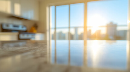 Fototapeta premium Sunlit kitchen countertop reflecting city skyline through large window; modern, clean design.