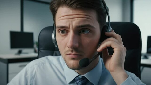 Slow-motion eye roll from office colleague after frustrating client call for workplace sarcasm, burnout representation, and modern desk job lifestyle visuals