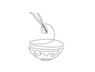 Bowl with chopstick in single line draw illustration. Continuous one line drawing of bowl and chopstick. Editable stroke.