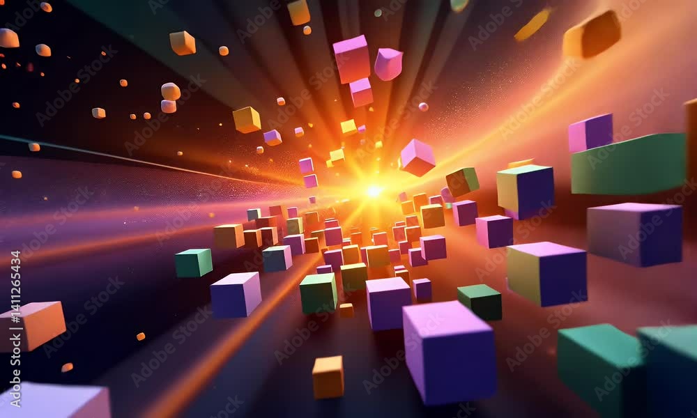 Poster abstract artwork featuring colorful floating geometric cubes and spheres against a glowing backgroun