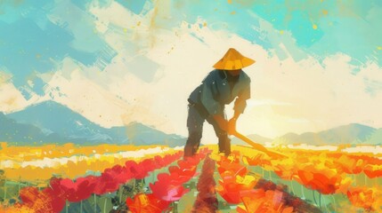 Fototapeta premium Farmer Working in Tulip Field, Painting of a farmer tending tulips at sunrise.