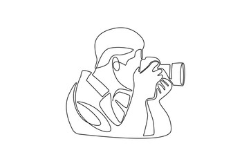 Continuous one line drawing of Young man taking photo with camera. Single line drawing illustration of Young man photographer. Photography concept vector art. Doodle line illustration.