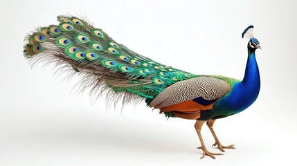 Obraz premium Peacock Stands on Isolated White Background. Colorful Bird with Vibrant Blue, Green, and Orange Feathers. Magnificent Tail Displays Bright Colors. Exotic and Beautiful Peafowl.