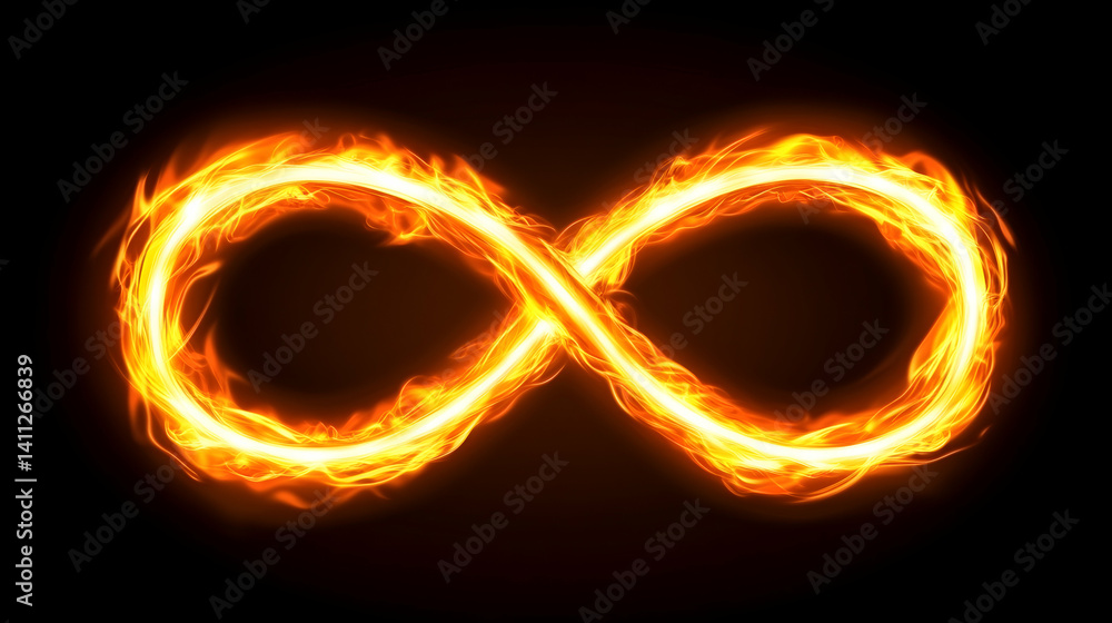 Poster fiery infinity symbol, burning emblem of eternity, endless loop of flames against a dark background.