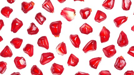 A vibrant pattern of juicy pomegranate seeds scattered on a white background.  Perfect for healthy food, juice, or wellness concepts.