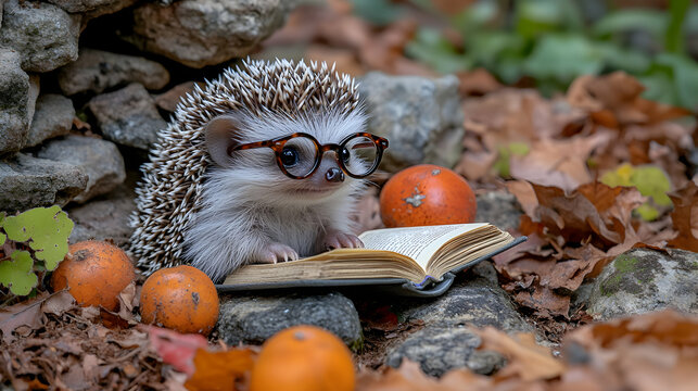 Adorable hedgehog wearing glasses reads a book amidst autumn leaves and rocks.  Perfect for children's books, education, or nature themes.