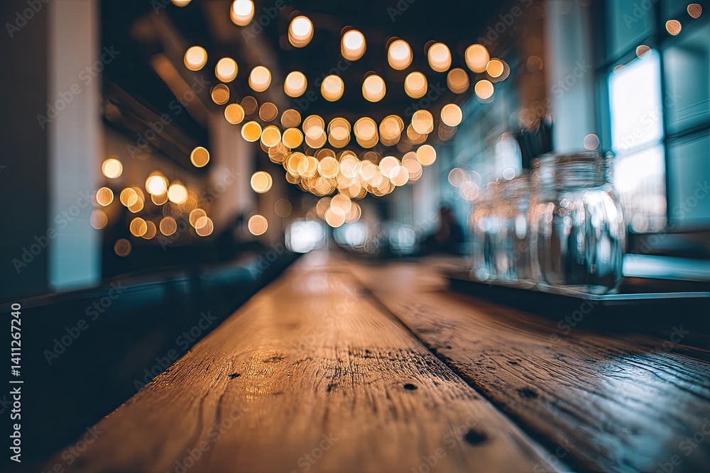 Poster rustic cafe table with string lights