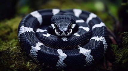 Obraz premium A coiled snake displays striking black and white banded patterns on its body