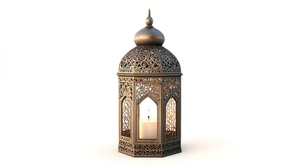 Ramadan Lantern with Arabic Design. Decorative Lamp with Intricate Details and Candle Inside. Beautiful Vintage Decorative Object. Islamic Religious Decor Item for Festive Eid.