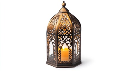Ramadan Lantern with Arabic Design. Decorative Lamp with Intricate Details and Candle Inside. Beautiful Vintage Decorative Object. Islamic Religious Decor Item for Festive Eid.