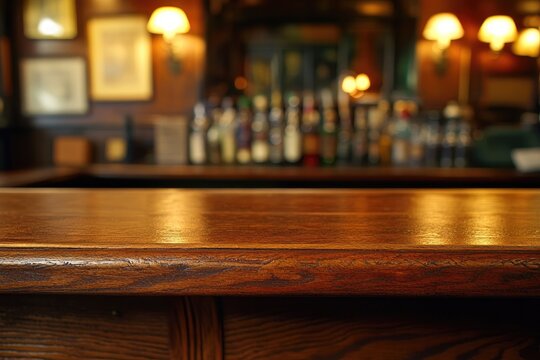 Wooden bar top, blurred background