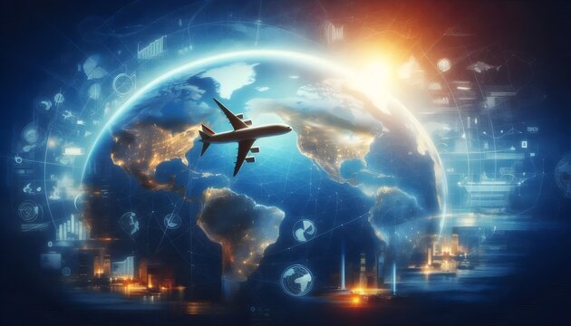 Airplane flying over continents symbolizing the concept of studying and working abroad