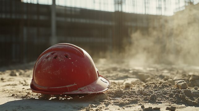 Sunlit Construction Site with Red Hard Hat. Industrious Work, Protective Gear, and Dedication to Project. Construction Site in Progress.