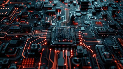 Obraz premium Abstract picture of chip on complex circuit with digital technology style design and the electric light graphic show dynamic movement represent about processor algorithm process on computer. AIG53.