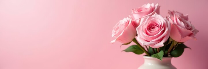 Fototapeta premium Soft pink roses in a decorative vase, subtle pink backdrop , background, pretty