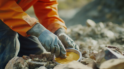 Geologist analyzing mineral samples in a field laboratory at a mining site. Featuring research and study