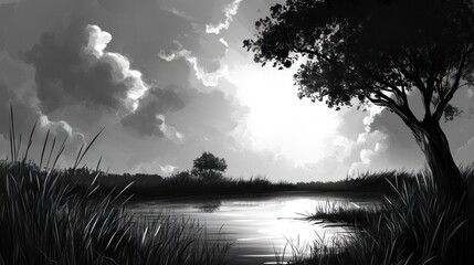 Monochrome lake sunset, tranquil landscape, serene nature