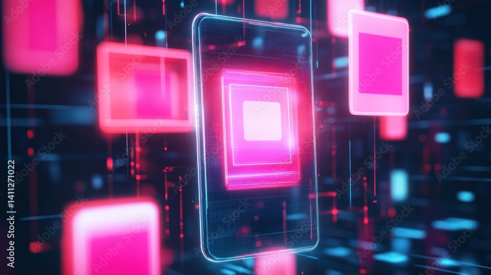 Poster glowing squares float in a digital matrix